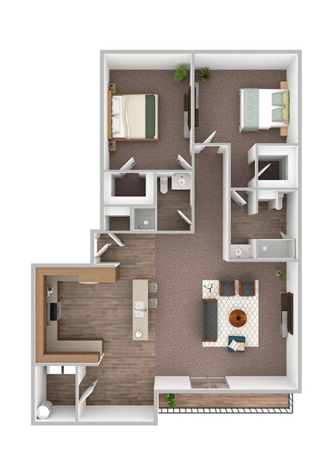 A 3D floor plan of a house with a kitchen, living room, and two bedrooms.